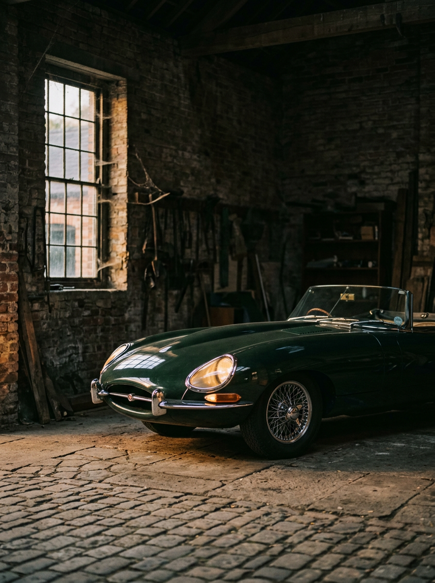 Klassischer britischer Sportwagen in Racing Green in einer alten Backsteinhalle
